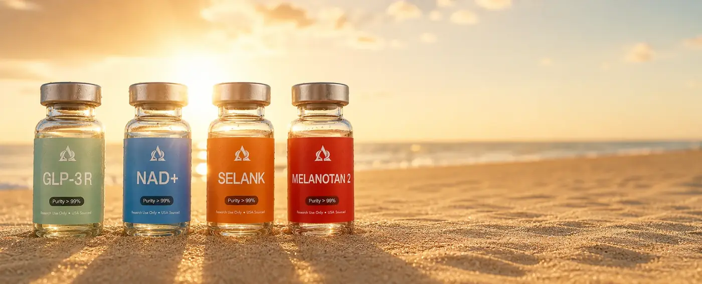 Alpha Gen GLP-3 R, NAD+, Selank and Melanotan II research vials standing on a beach at sunset